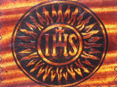 Woodburned IHS Christian Symbol. African Mahogany.